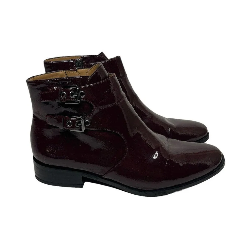 Franco Sarto Riddick Booties Burgundy Plum Patent Leather Side Zip Buckles 8.5 - Picture 1 of 11